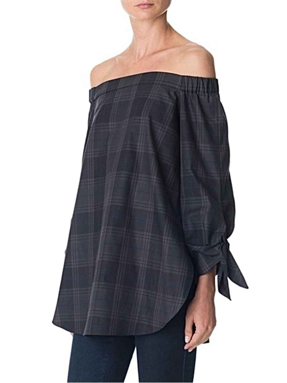Tibi Off-the-shoulder Tunic in Grey/Navy